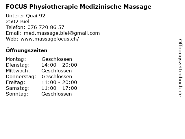 FOCUS Physiotherapie Medizinische Massage in Biel: Adresse und Öffnungszeiten