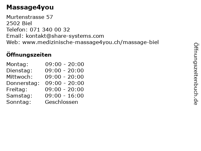 Massage4you in Biel: Adresse und Öffnungszeiten