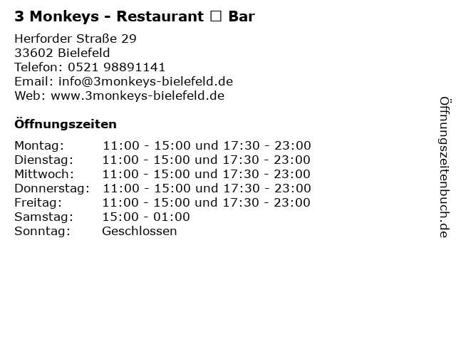 3 Monkeys - Restaurant ❘ Bar in Bielefeld: Adresse und Öffnungszeiten