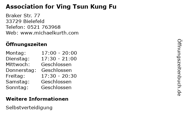 Association for Ving Tsun Kung Fu in Bielefeld: Adresse und Öffnungszeiten