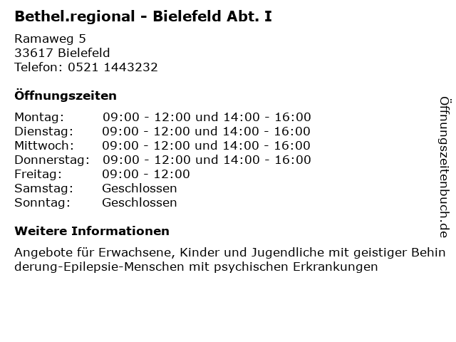 Bethel.regional - Bielefeld Abt. I in Bielefeld: Adresse und Öffnungszeiten