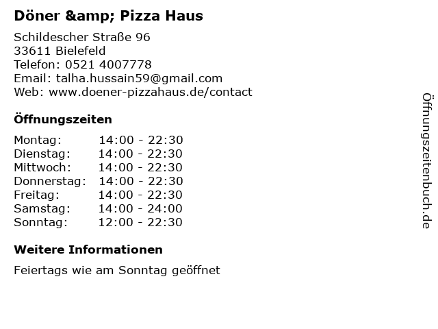ᐅ Öffnungszeiten „Döner & Pizza Haus“ Schildescher