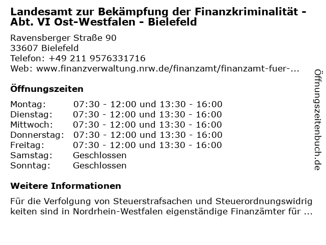 ᐅ Offnungszeiten Finanzamt Fur Steuerstrafsachen Und Steuerfahndung Bielefeld Allgemeine Sprechzeiten Ravensberger Str 90 In Bielefeld