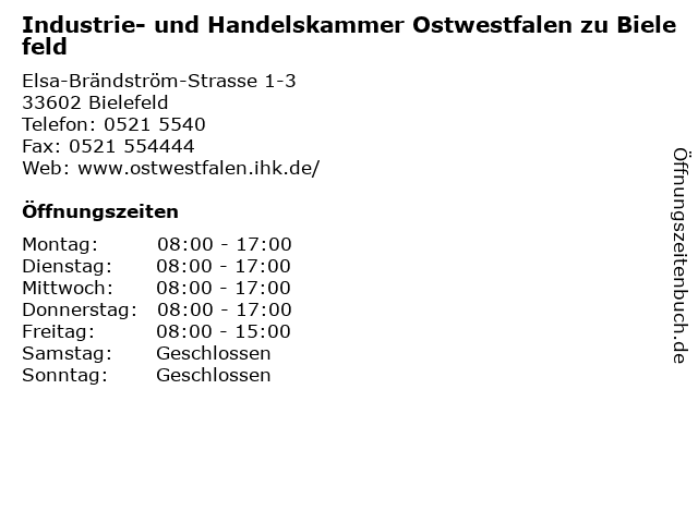 Industrie- und Handelskammer Ostwestfalen zu Bielefeld in Bielefeld: Adresse und Öffnungszeiten