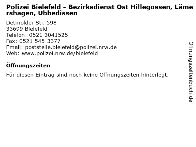 Polizei Bielefeld - Bezirksdienst Ost Hillegossen, Lämershagen, Ubbedissen in Bielefeld: Adresse und Öffnungszeiten