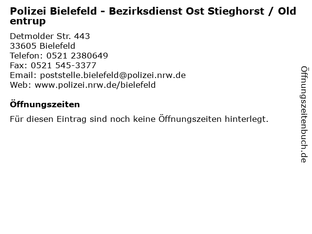 Polizei Bielefeld - Bezirksdienst Ost Stieghorst / Oldentrup in Bielefeld: Adresse und Öffnungszeiten