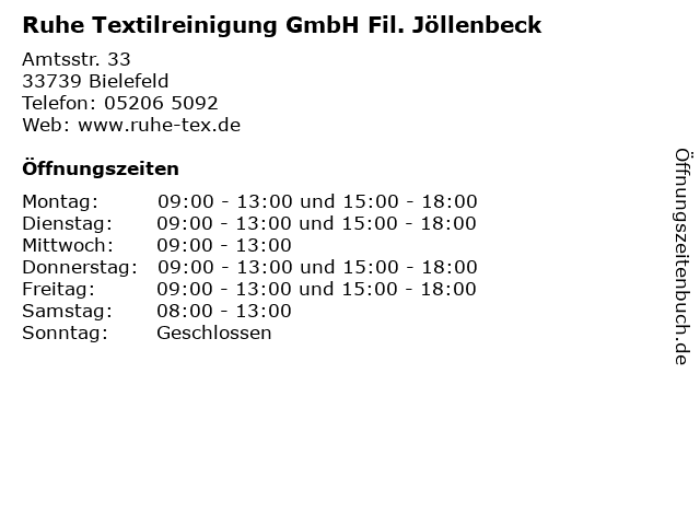 Ruhe Textilreinigung GmbH Fil. Jöllenbeck in Bielefeld: Adresse und Öffnungszeiten