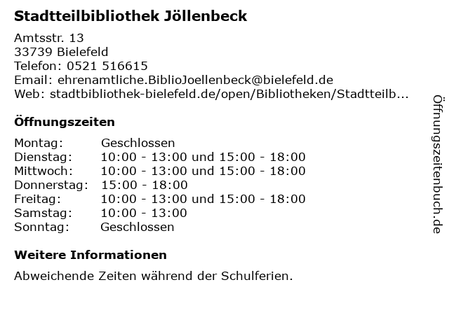 Stadtteilbibliothek Jöllenbeck in Bielefeld: Adresse und Öffnungszeiten