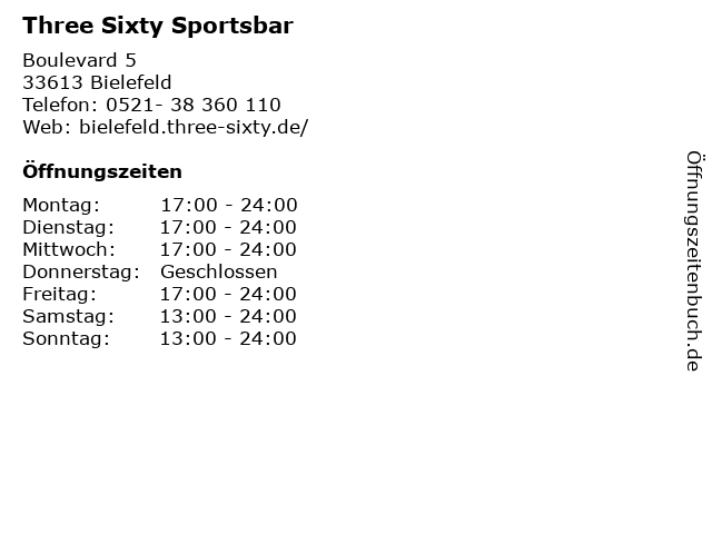 Three Sixty Sportsbar in Bielefeld: Adresse und Öffnungszeiten