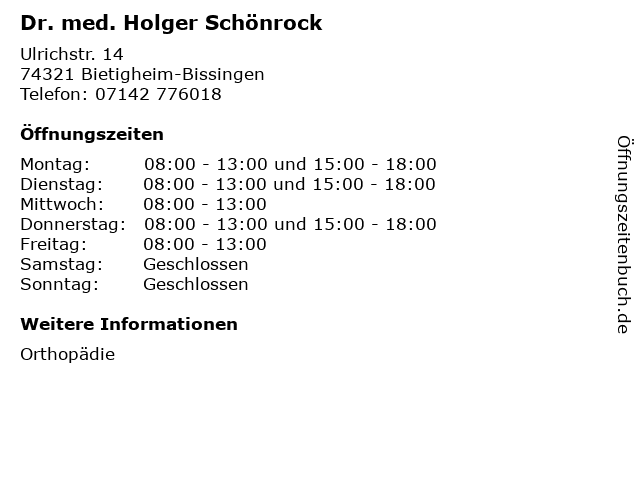 Dr. med. Holger Schönrock in Bietigheim-Bissingen: Adresse und Öffnungszeiten