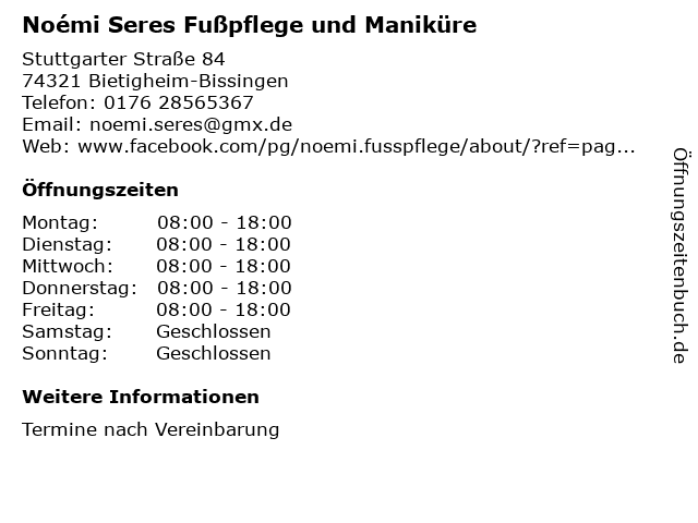 Noémi Seres Fußpflege und Maniküre in Bietigheim-Bissingen: Adresse und Öffnungszeiten