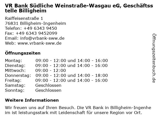 VR Bank Südliche Weinstraße-Wasgau eG, Geschäftsstelle Billigheim in Billigheim-Ingenheim: Adresse und Öffnungszeiten