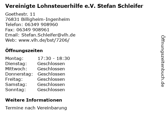 Vereinigte Lohnsteuerhilfe e.V. Stefan Schleifer in Billigheim-Ingenheim: Adresse und Öffnungszeiten