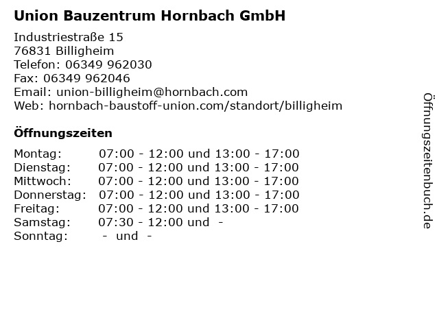Union Bauzentrum Hornbach GmbH in Billigheim: Adresse und Öffnungszeiten