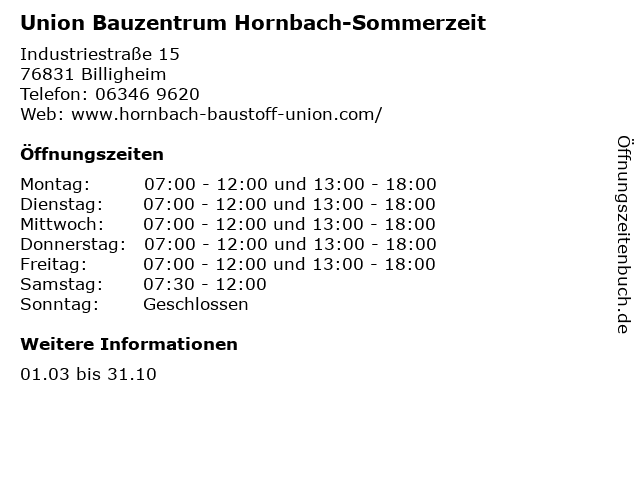 Union Bauzentrum Hornbach-Sommerzeit in Billigheim: Adresse und Öffnungszeiten