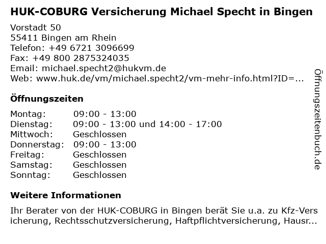 ᐅ öffnungszeiten Huk Coburg Versicherung Michael Specht In Bingen
