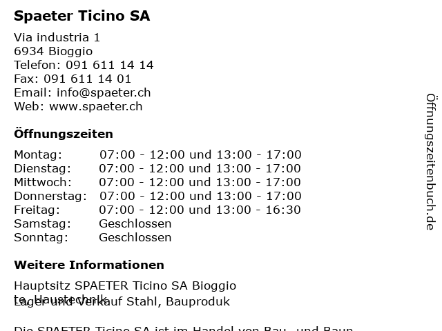 Spaeter Ticino SA in Bioggio: Adresse und Öffnungszeiten