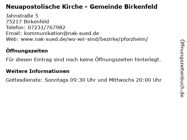 Neuapostolische Kirche - Gemeinde Birkenfeld in Birkenfeld: Adresse und Öffnungszeiten