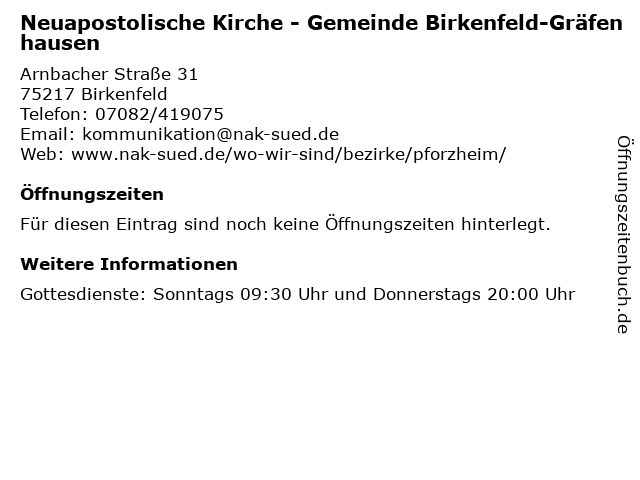 Neuapostolische Kirche - Gemeinde Birkenfeld-Gräfenhausen in Birkenfeld: Adresse und Öffnungszeiten