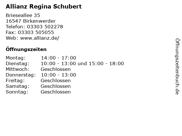 Allianz Regina Schubert in Birkenwerder: Adresse und Öffnungszeiten