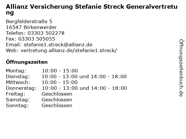 Allianz Versicherung Stefanie Streck Generalvertretung in Birkenwerder: Adresse und Öffnungszeiten