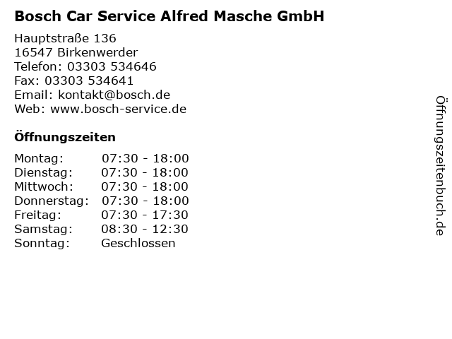 Bosch Car Service Alfred Masche GmbH in Birkenwerder: Adresse und Öffnungszeiten