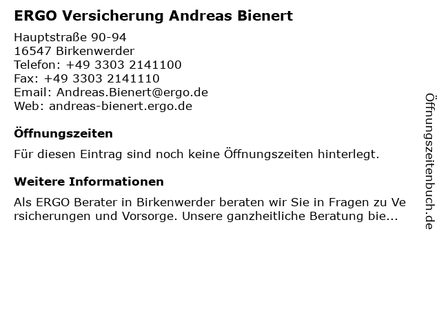 ERGO Versicherung Andreas Bienert in Birkenwerder: Adresse und Öffnungszeiten