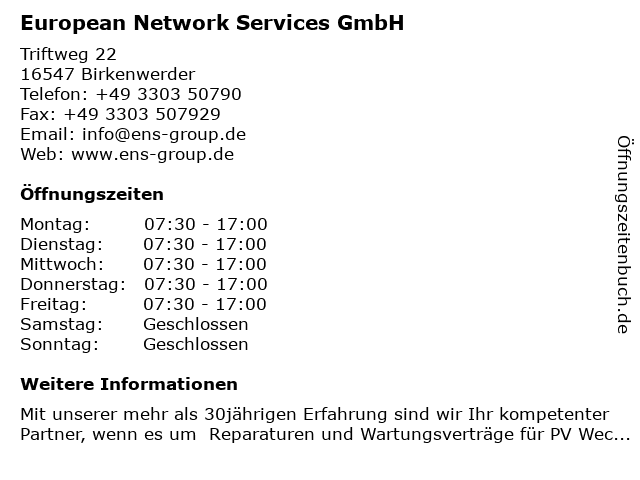 European Network Services GmbH in Birkenwerder: Adresse und Öffnungszeiten