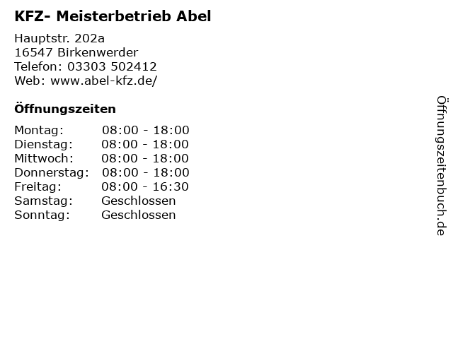 KFZ- Meisterbetrieb Abel in Birkenwerder: Adresse und Öffnungszeiten