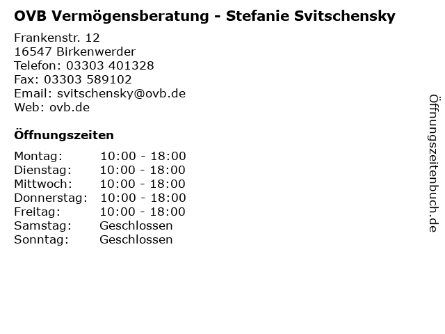 OVB Vermögensberatung - Stefanie Svitschensky in Birkenwerder: Adresse und Öffnungszeiten