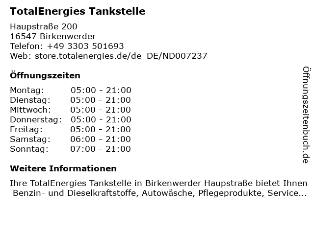 TotalEnergies Tankstelle in Birkenwerder: Adresse und Öffnungszeiten