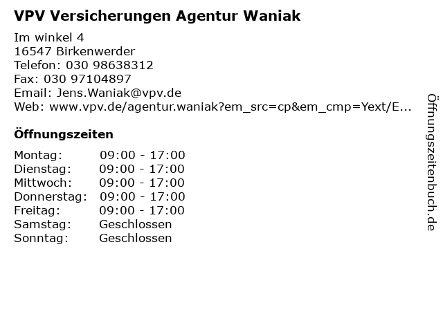 VPV Versicherungen Agentur Waniak in Birkenwerder: Adresse und Öffnungszeiten