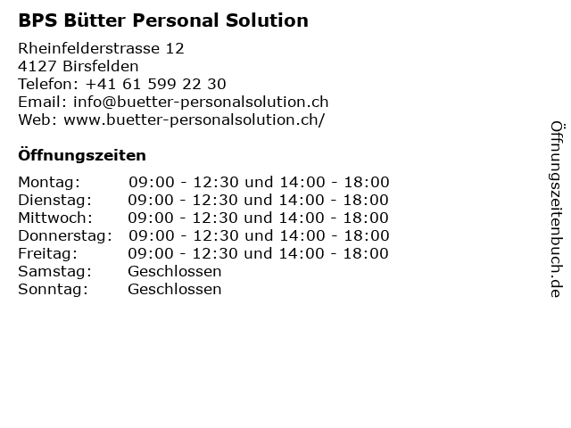 BPS Bütter Personal Solution in Birsfelden: Adresse und Öffnungszeiten