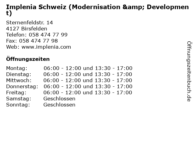 Implenia Schweiz (Modernisation & Development) in Birsfelden: Adresse und Öffnungszeiten