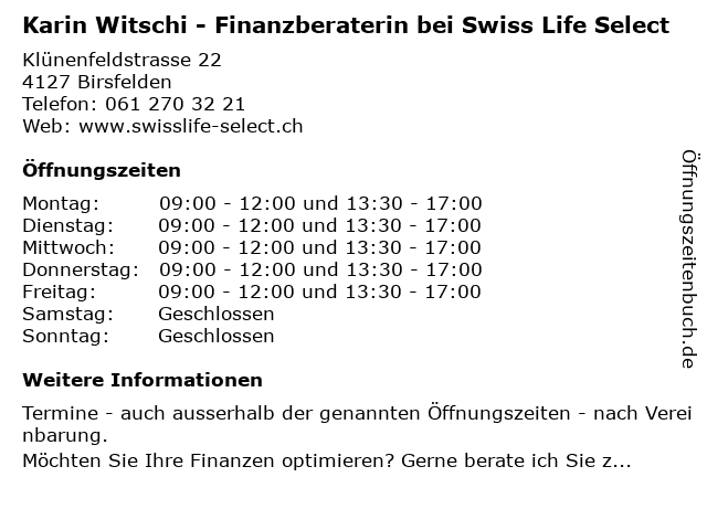 Karin Witschi - Finanzberaterin bei Swiss Life Select in Birsfelden: Adresse und Öffnungszeiten