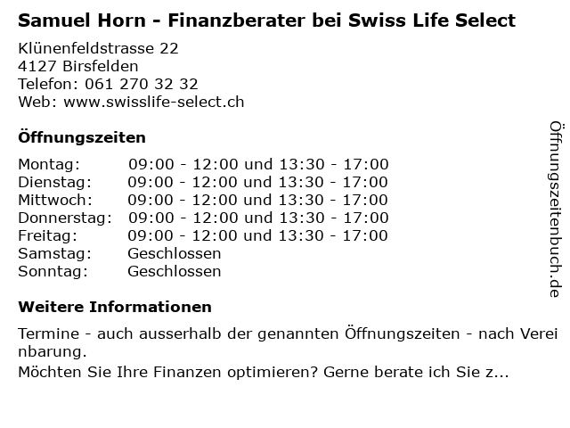 Samuel Horn - Finanzberater bei Swiss Life Select in Birsfelden: Adresse und Öffnungszeiten