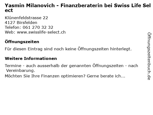 Yasmin Milanovich - Finanzberaterin bei Swiss Life Select in Birsfelden: Adresse und Öffnungszeiten