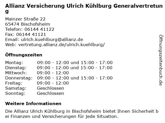 Allianz Generalvertretung Ulrich Kühlburg in Bischofsheim: Adresse und Öffnungszeiten
