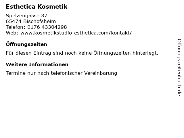 Esthetica Kosmetik in Bischofsheim: Adresse und Öffnungszeiten