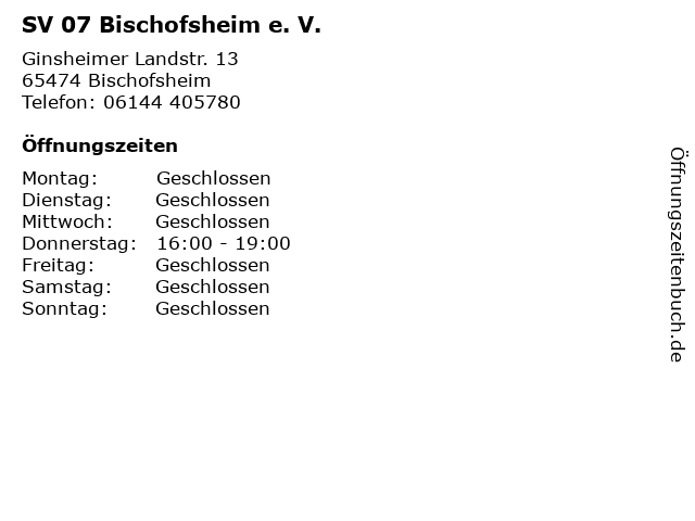SV 07 Bischofsheim e. V. in Bischofsheim: Adresse und Öffnungszeiten
