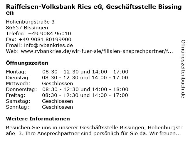Raiffeisenbank Bissingen eG (Geldautomat) in Bissingen: Adresse und Öffnungszeiten