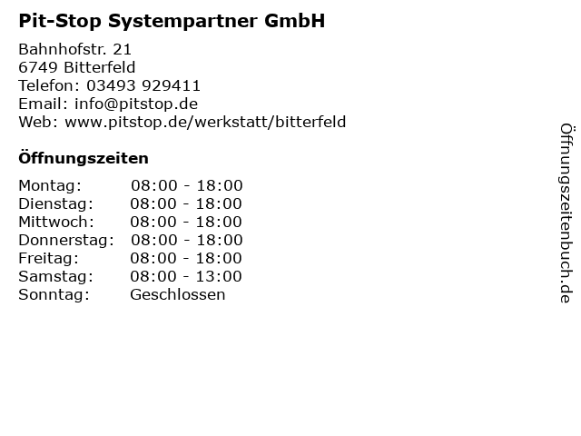 Pit-Stop Systempartner GmbH in Bitterfeld: Adresse und Öffnungszeiten