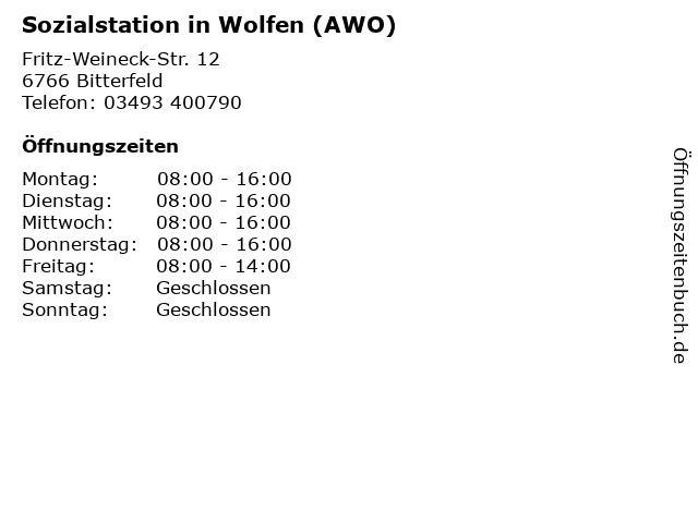 Sozialstation in Wolfen (AWO) in Bitterfeld: Adresse und Öffnungszeiten