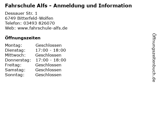 Fahrschule Alfs - Anmeldung und Information in Bitterfeld-Wolfen: Adresse und Öffnungszeiten