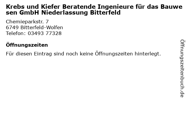 Krebs und Kiefer Beratende Ingenieure für das Bauwesen GmbH Niederlassung Bitterfeld in Bitterfeld-Wolfen: Adresse und Öffnungszeiten