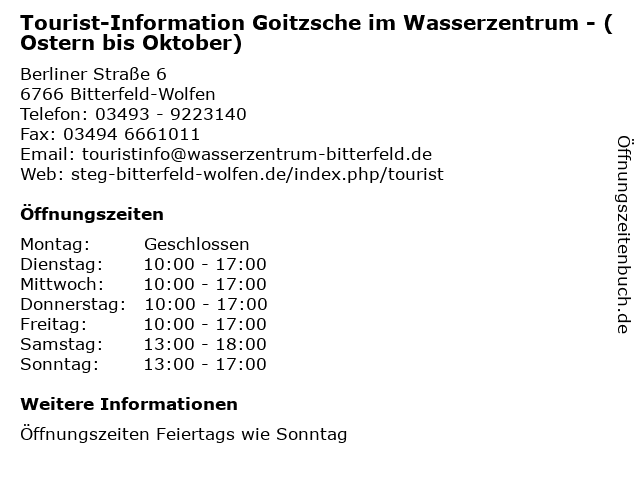 Tourist-Information Goitzsche im Wasserzentrum - (Ostern bis Oktober) in Bitterfeld-Wolfen: Adresse und Öffnungszeiten