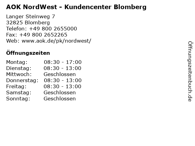 AOK NordWest - Kundencenter Blomberg in Blomberg: Adresse und Öffnungszeiten