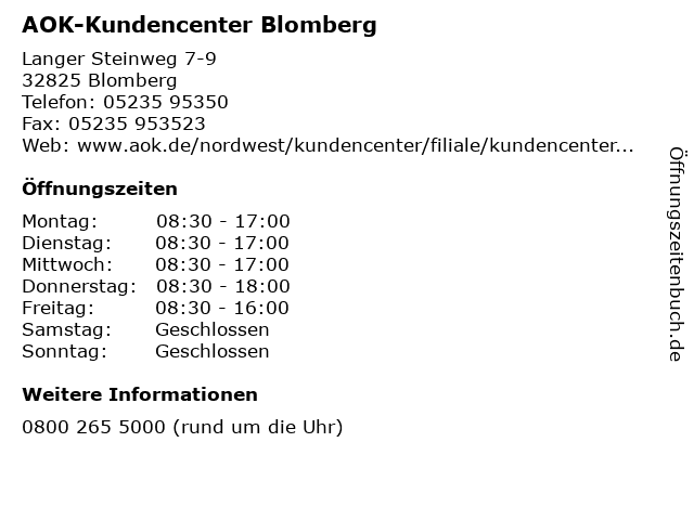 AOK-Kundencenter Blomberg in Blomberg: Adresse und Öffnungszeiten
