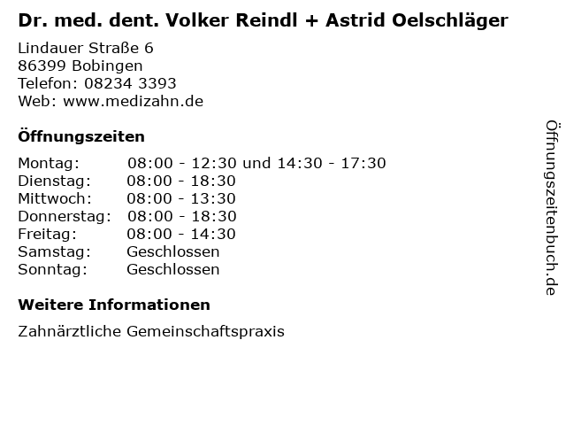 Dr. med. dent. Volker Reindl + Astrid Oelschläger in Bobingen: Adresse und Öffnungszeiten
