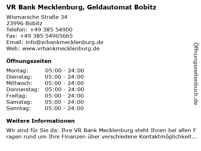 VR Bank Mecklenburg, Geldautomat Bobitz in Bobitz: Adresse und Öffnungszeiten
